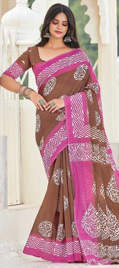 Casual, Traditional Beige and Brown, Pink and Majenta color Saree in Cotton fabric with Bengali Printed work : 1746941