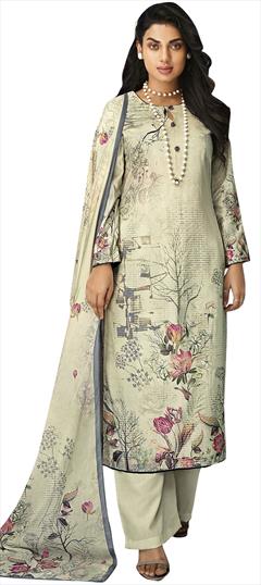 Engagement, Festive, Party Wear Beige and Brown color Salwar Kameez in Velvet fabric with Straight Digital Print, Floral work : 1746970