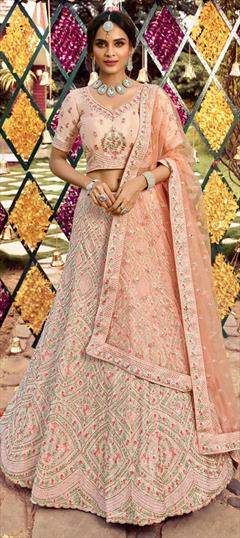 Bridal, Reception, Wedding Pink and Majenta color Lehenga in Crepe Silk fabric with A Line Gota Patti, Resham, Thread, Zari, Zircon work : 1747138