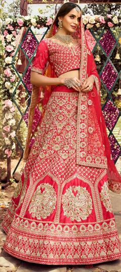 Bridal, Reception, Wedding Pink and Majenta color Lehenga in Raw Silk fabric with A Line Thread, Zari, Zircon work : 1747142