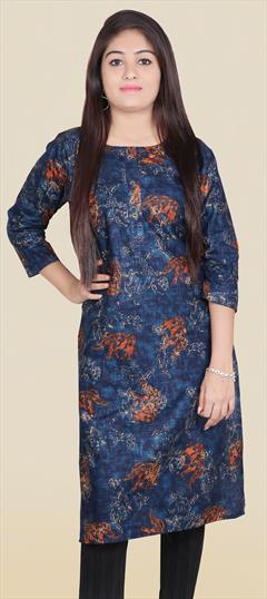 Casual Blue color Kurti in Cotton fabric with Long Sleeve, Straight Printed work : 1747150