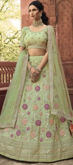 Bridal, Wedding Green color Lehenga in Organza Silk fabric with Flared Embroidered, Patch, Resham, Thread, Zircon work : 1747163
