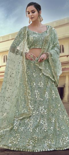 Bridal, Wedding Green color Lehenga in Net fabric with A Line Sequence, Stone, Thread, Zari work : 1747164