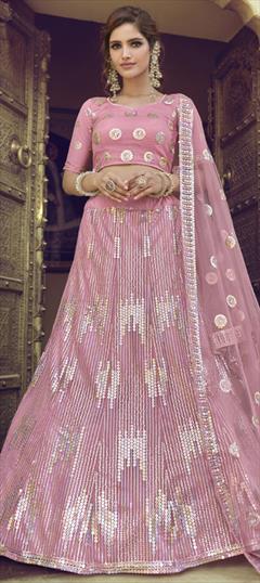 Bridal, Wedding Pink and Majenta color Lehenga in Net fabric with A Line Sequence work : 1747171
