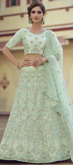 Bridal, Wedding Green color Lehenga in Net fabric with A Line Sequence, Thread, Zari work : 1747178