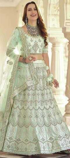 Bridal, Wedding Green color Lehenga in Crepe Silk fabric with A Line Embroidered, Sequence, Stone, Thread work : 1747187