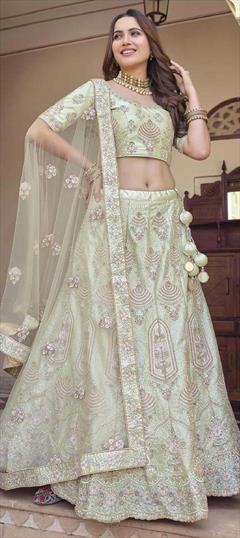 Bridal, Wedding Green color Lehenga in Crepe Silk fabric with A Line Embroidered, Sequence, Stone, Thread work : 1747188