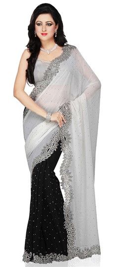 174724: Bridal, Party Wear Black and Grey, White and Off White color Saree in Georgette fabric with Half and Half Zircon work