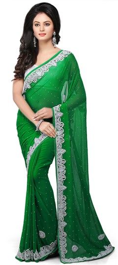 174725 Green  color family Bridal Wedding Sarees,Party Wear Sarees in Georgette fabric with Moti,Zircon work   with matching unstitched blouse.