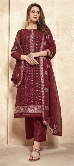 Festive, Party Wear Red and Maroon color Salwar Kameez in Georgette fabric with Straight Embroidered, Lace, Sequence, Thread work : 1747488
