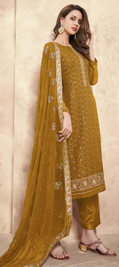 Festive, Party Wear Yellow color Salwar Kameez in Georgette fabric with Straight Embroidered, Lace, Sequence, Thread work : 1747490