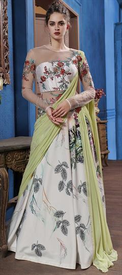 Festive, Mehendi Sangeet, Wedding Green, White and Off White color Gown in Georgette, Satin Silk fabric with Embroidered, Printed, Resham, Stone work : 1747560