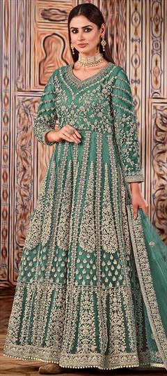 Festive, Party Wear, Reception Green color Salwar Kameez in Net fabric with Anarkali Embroidered, Thread, Zari work : 1747607
