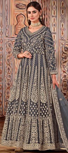 Festive, Party Wear, Reception Black and Grey color Salwar Kameez in Net fabric with Anarkali Embroidered, Thread, Zari work : 1747610