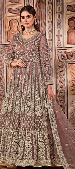 Festive, Party Wear, Reception Beige and Brown color Salwar Kameez in Net fabric with Anarkali Embroidered, Thread, Zari work : 1747612