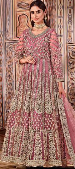 Festive, Party Wear, Reception Pink and Majenta color Salwar Kameez in Net fabric with Anarkali Embroidered, Thread, Zari work : 1747615