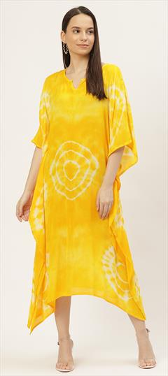 Yellow color Kaftan in Rayon fabric with Printed, Tye n Dye work : 1747623