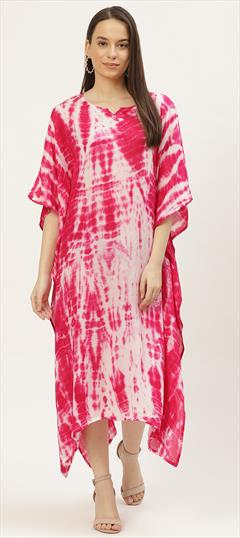 Pink and Majenta color Kaftan in Rayon fabric with Printed, Tye n Dye work : 1747625