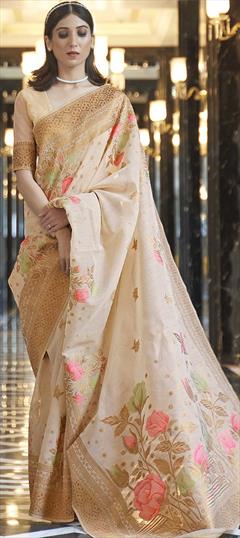 Casual, Traditional Beige and Brown color Saree in Linen fabric with Bengali Floral, Printed, Weaving work : 1747765