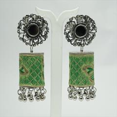 Green color Earrings in Metal Alloy studded with Beads & Silver Rodium Polish : 1747831