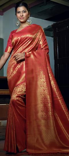 Traditional Red and Maroon color Saree in Raw Silk, Silk fabric with South Weaving work : 1747932