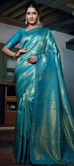 Traditional Blue color Saree in Raw Silk, Silk fabric with South Weaving work : 1747933