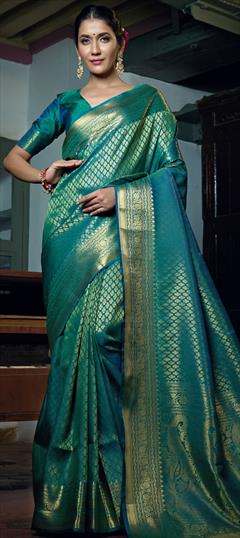 Traditional Green color Saree in Raw Silk, Silk fabric with South Weaving work : 1747935