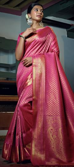 Traditional Pink and Majenta color Saree in Raw Silk, Silk fabric with South Weaving work : 1747937
