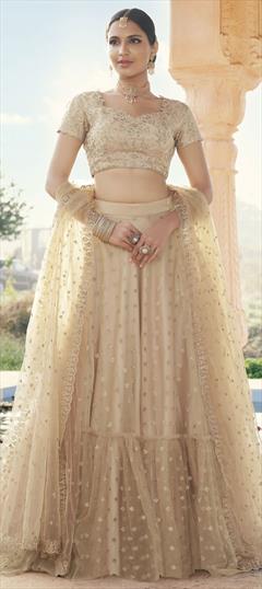 Engagement, Festive, Wedding Beige and Brown color Lehenga in Net fabric with A Line Border, Embroidered, Stone, Thread, Zari work : 1748304