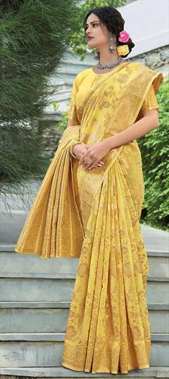 Traditional Yellow color Saree in Linen fabric with Bengali Weaving work : 1748416
