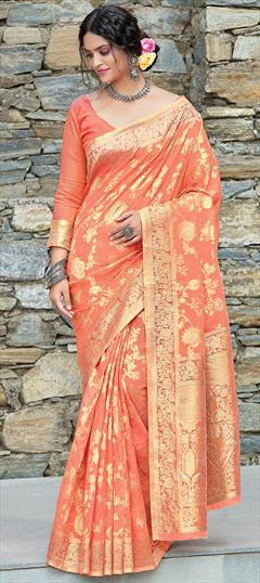 Traditional Orange color Saree in Linen fabric with Bengali Weaving work : 1748418