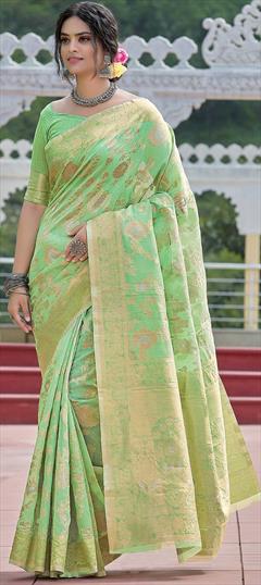 Traditional Green color Saree in Linen fabric with Bengali Weaving work : 1748424