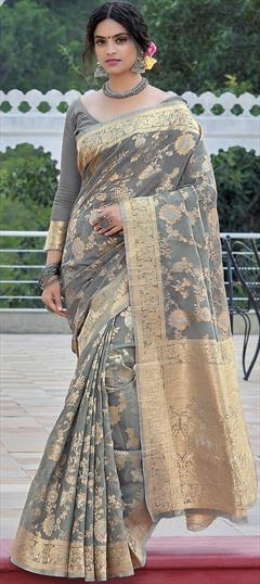 Traditional Black and Grey color Saree in Linen fabric with Bengali Weaving work : 1748428