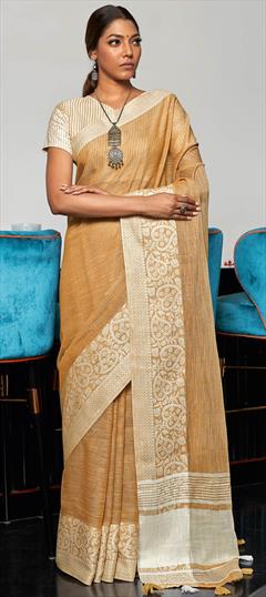 Traditional Beige and Brown color Saree in Linen fabric with Bengali Weaving work : 1748472