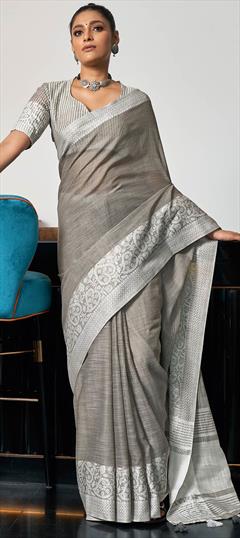 Traditional Black and Grey color Saree in Linen fabric with Bengali Weaving work : 1748475
