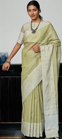 Traditional Green color Saree in Linen fabric with Bengali Weaving work : 1748478