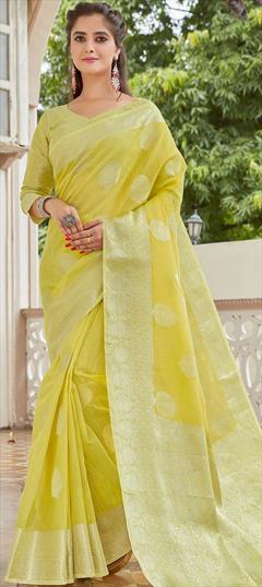 Traditional Yellow color Saree in Linen fabric with Bengali Weaving work : 1748495