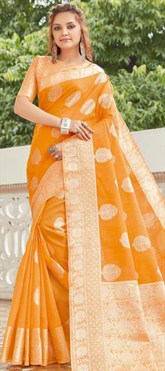 Traditional Orange color Saree in Linen fabric with Bengali Weaving work : 1748497