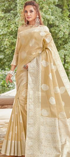 Traditional Beige and Brown color Saree in Linen fabric with Bengali Weaving work : 1748505