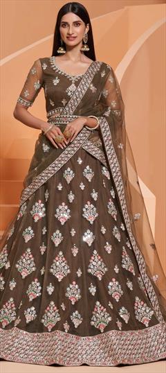 Bridal, Festive, Wedding Green color Lehenga in Net fabric with A Line Embroidered, Sequence, Thread, Zircon work : 1748689