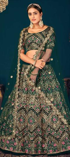 Bridal, Wedding Green color Lehenga in Georgette fabric with A Line Embroidered, Gota Patti, Sequence, Thread work : 1749378