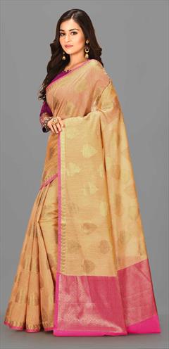 Festive, Traditional, Wedding Beige and Brown color Saree in Banarasi Silk, Silk fabric with South Weaving work : 1749597