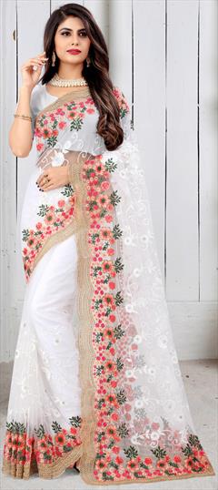 Designer, Party Wear White and Off White color Saree in Net fabric with Classic Embroidered, Resham, Stone, Thread, Zari work : 1749723