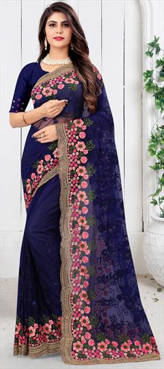 Engagement, Festive, Wedding Blue color Saree in Net fabric with Classic Embroidered, Resham, Stone, Thread, Zari work : 1749724