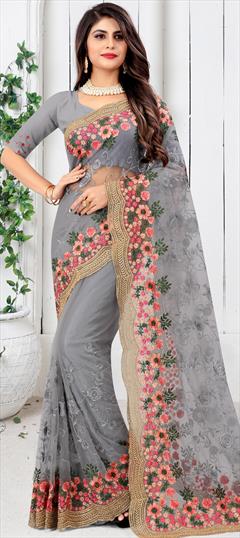 Engagement, Festive, Wedding Black and Grey color Saree in Net fabric with Classic Embroidered, Resham, Stone, Thread, Zari work : 1749726