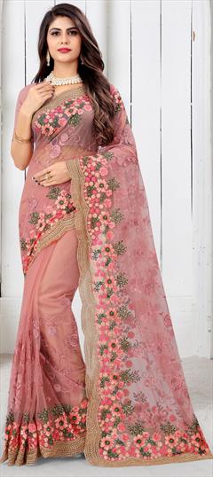 Engagement, Festive, Wedding Pink and Majenta color Saree in Net fabric with Classic Embroidered, Resham, Stone, Thread, Zari work : 1749728