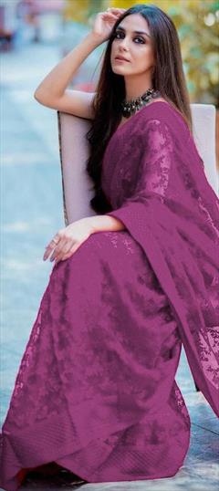 Party Wear Purple and Violet color Saree in Super Net fabric with Classic Embroidered, Thread work : 1749836