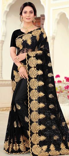 Festive, Party Wear, Reception Black and Grey color Saree in Net fabric with Classic Embroidered, Resham, Stone, Thread, Zari work : 1749932