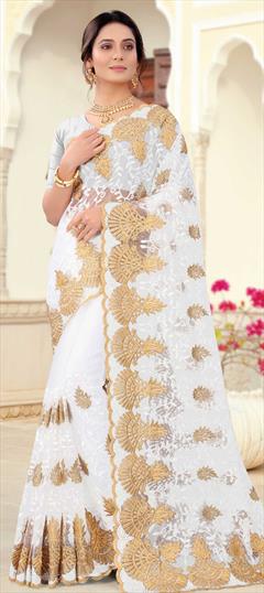 Festive, Party Wear, Reception White and Off White color Saree in Net fabric with Classic Embroidered, Resham, Stone, Thread, Zari work : 1749934