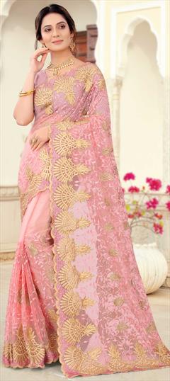 Festive, Party Wear, Reception Pink and Majenta color Saree in Net fabric with Classic Embroidered, Resham, Stone, Thread, Zari work : 1749939